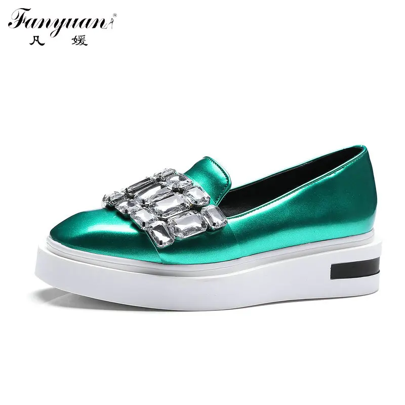 

Fanyuan Casual Shoes Women Loafers Thick Bottom Square Toe Crystal Flat Platform 2018 Spring Lady Patent Leather Shoes Big Size