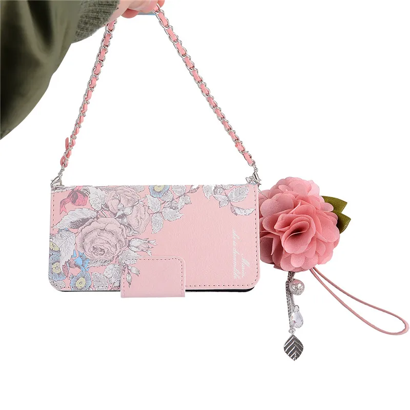 Роскошный кожаный чехол-кошелек с розовым цветком для iPhone 6 6s 7 8 Plus X XR XS Max Flower Chain Bag Coque