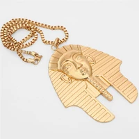 newest gold color metal egyptian pharaoh head face pendant necklace men women design hip hop style long chain necklace jewelry
