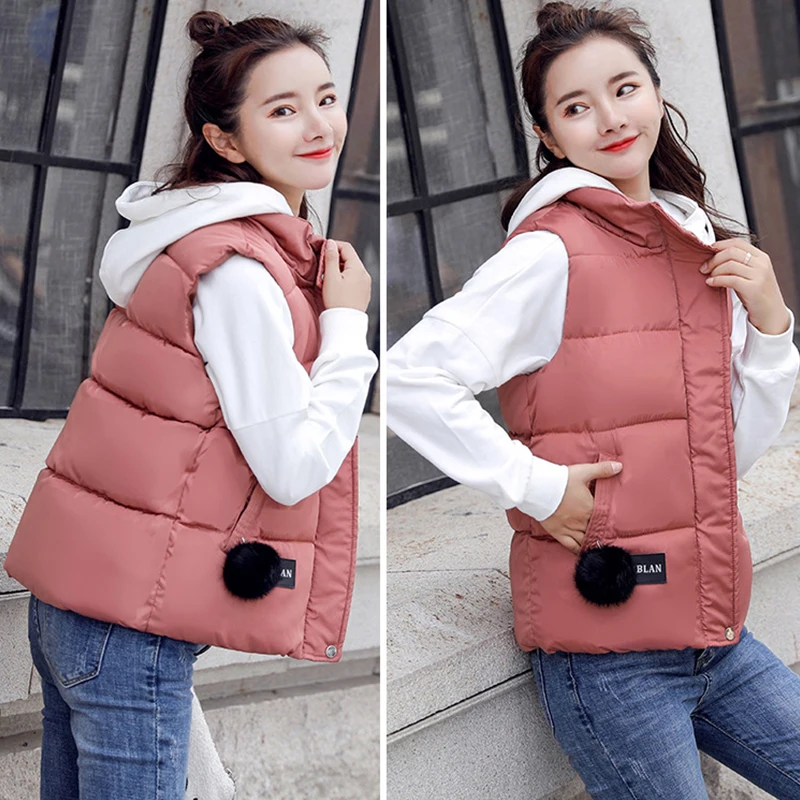 

2019 Black/PinkWarm Winter Short Female Sleeveless Vest Fashion Womens Outwear Collar Cotton Padded Coats Female Zipper Jackets
