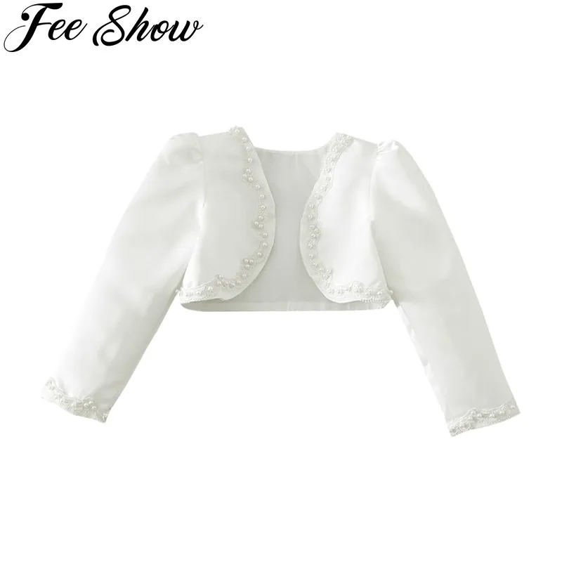 Болеро с длинным рукавом украшенное бисером для девочек 2-10 лет свадебный пиджак