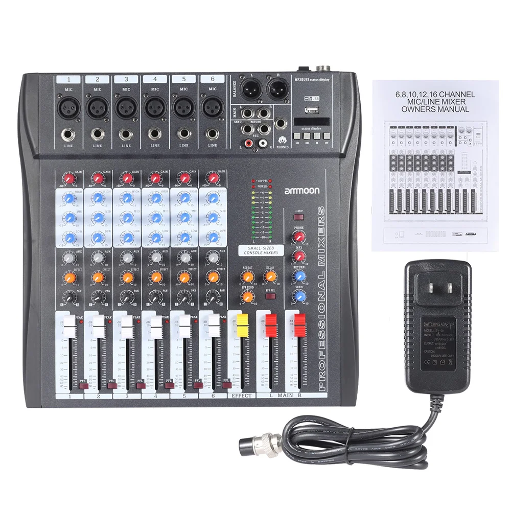 Ammoon 60S USB 6 каналов Mic Аудио миксер микшерная консоль 3 полосный эквалайзер XLR вход