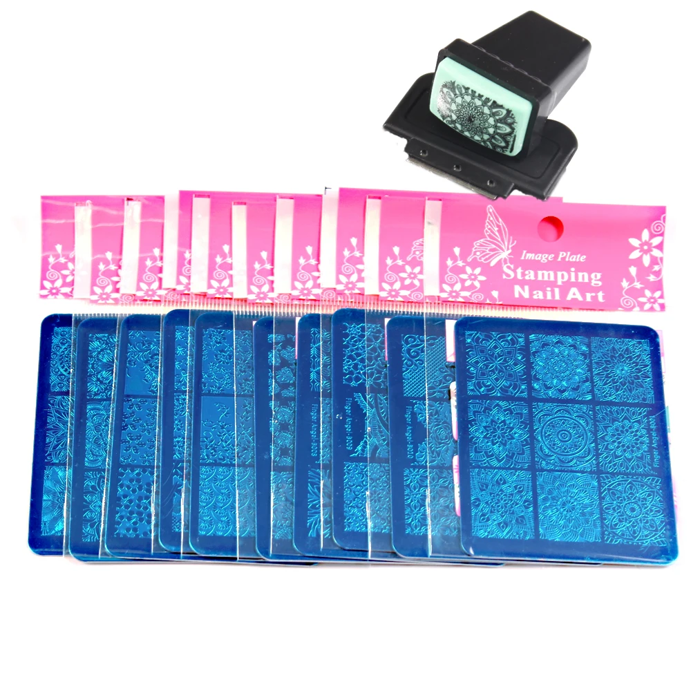 Finger Angel B001-010 10 шт. 6*8 пластины для штамповки ногтей DIY шаблон для ногтей+ 1 набор мини-штамп для переноса ногтей инструменты для дизайна ногтей