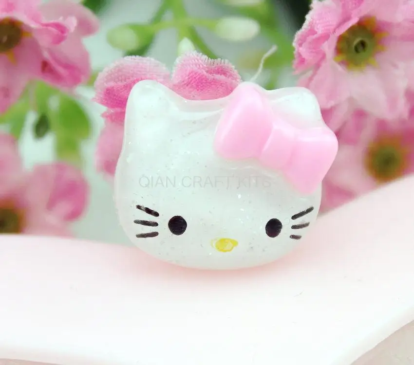 

200pcs lovely glitter Kitty w/pink bow Cabochons (20mm) Cell phone decor, hair pins,rings, embellishment, DIY sparkle glittery