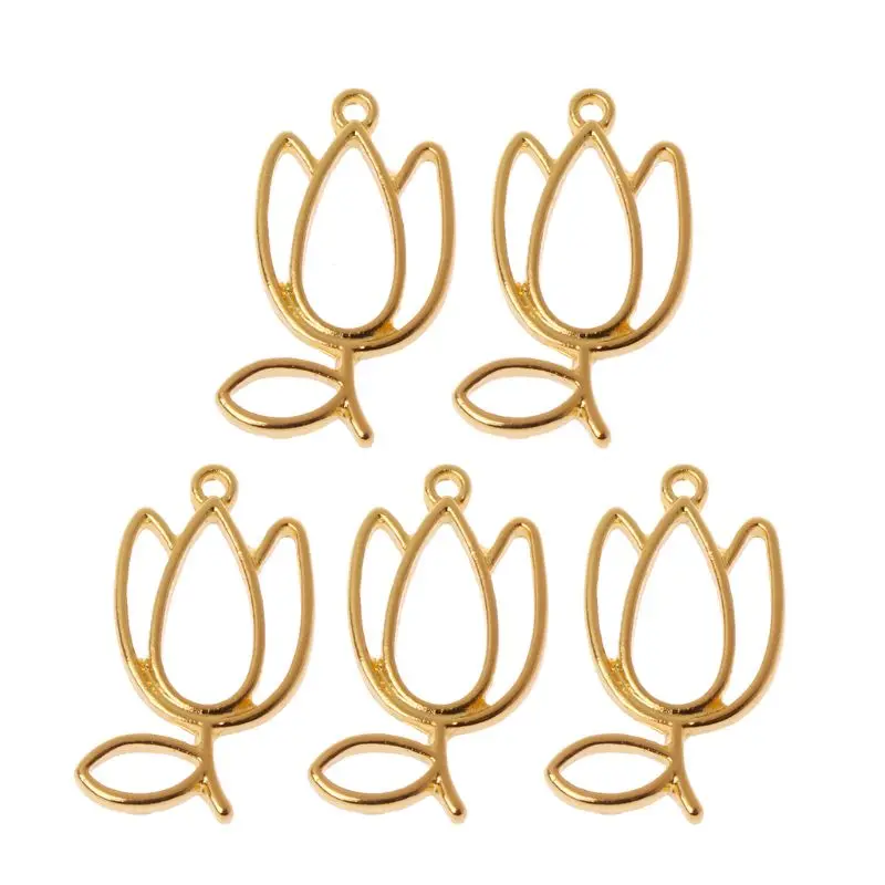 

5Pcs Tulips Flower Metal Frame Pendant Open Bezel Blank Setting UV Resin Jewelry