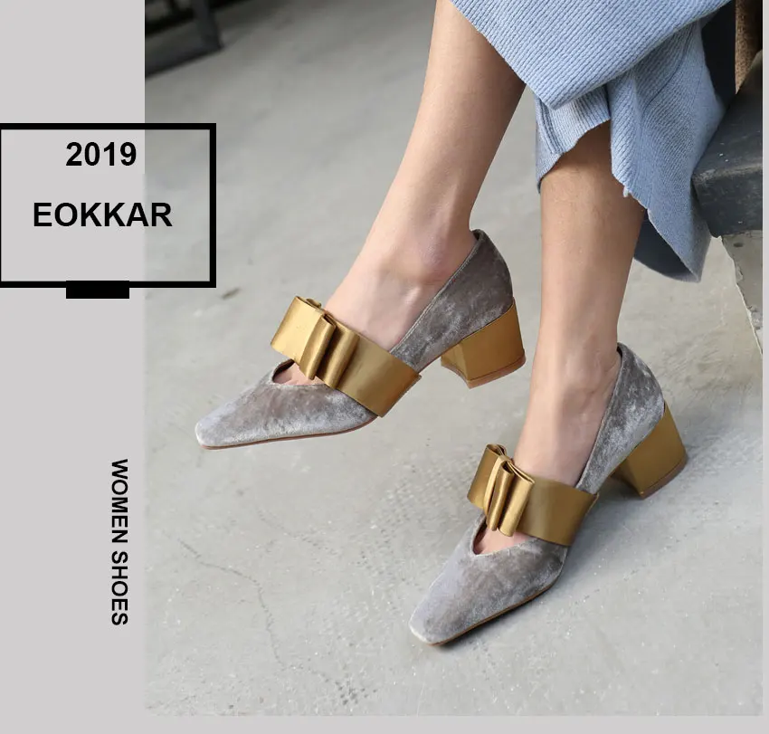 Eokkar/ г. Женские бархатные туфли-лодочки на среднем каблуке золотистого цвета модельные туфли с квадратным носком Классическая обувь для вечеринок с бантом-бабочкой размер 34-39