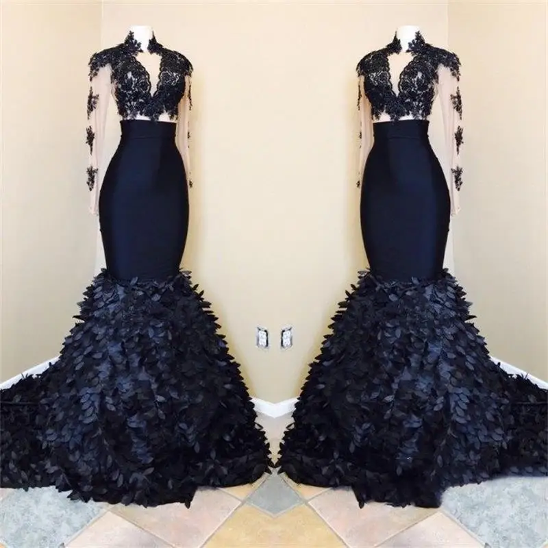 

Two Piece Black Mermaid Prom Dresses 2019 New Long Sleeve Lace Applique Sweep Strain Formal Evening Dress Party Gowns