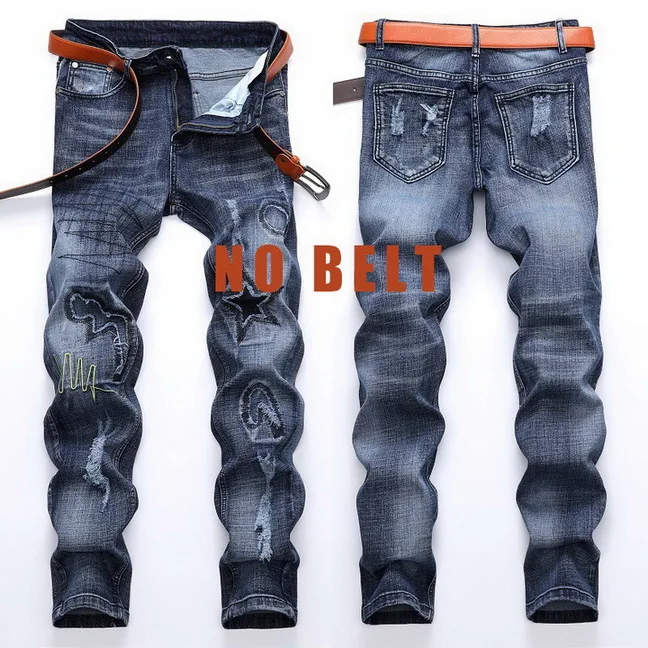 9706 NO BELT Хип-хоп панк 21 дизайнерские модели Весна новые мужские обтягивающие байкерские джинсы джинсовые рваные Стрейчевые брюки плюс размер США 28-42 - Цвет: 9706 NO BELT