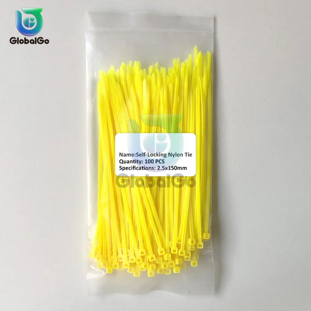 Yellow 100 шт/уп самоблокирующийся пластиковый нейлоновый хомут для проводов и кабелей стяжки 100 шт черные стяжки для проводов застегните кабель петли 2,5*150 мм - Цвет: Yellow