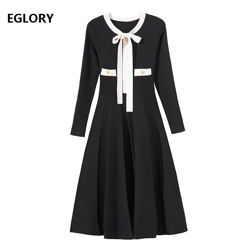 

New 2018 Autumn Winter Fashion Knitted Sweater Dress Women Bow Collar Golden Button Patchwork Long Sleeve Sweater Pullover Dress