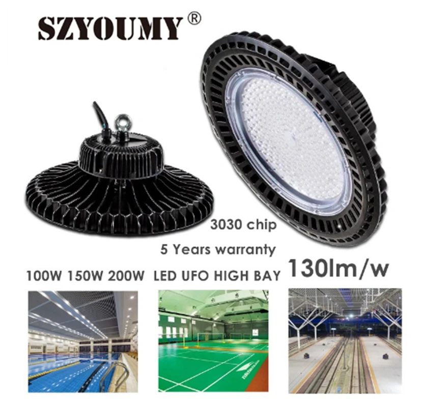 

SZYOUMY LED high bay UFO light 200W black circular lamp light warehouse supermarket 100-277V Overhead lumina 5 YEARS warranty
