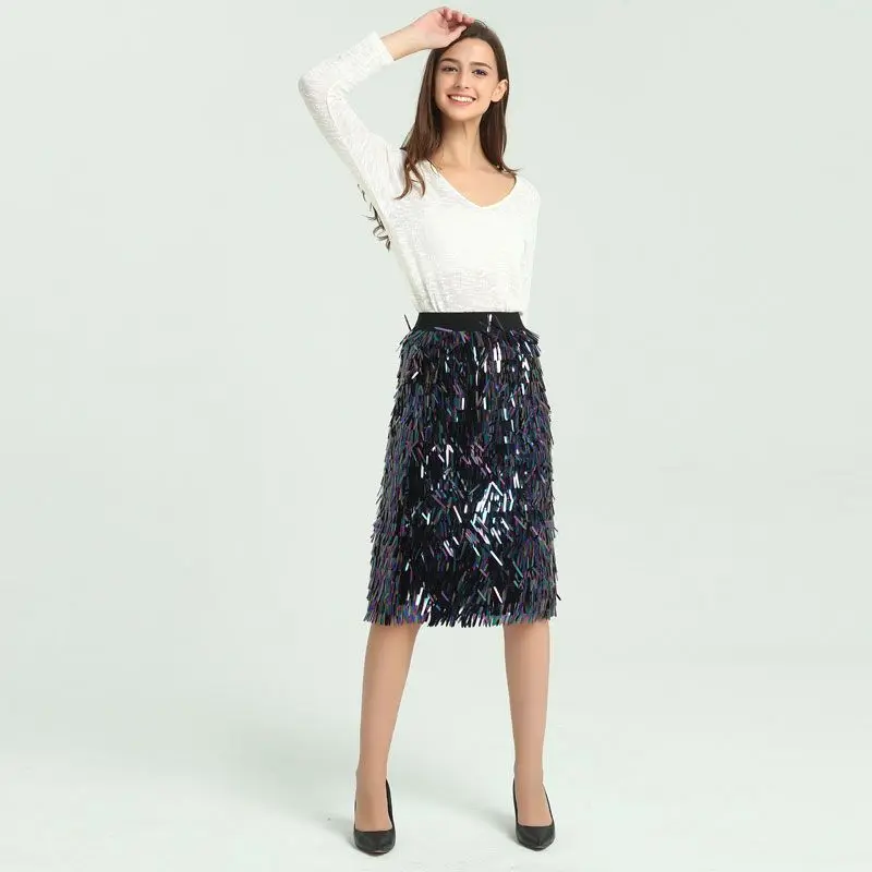 RealShe Winter Sexy Sequins Pencil Skirt Autumn High Waist Skirt Elegant Elastic Waist Bodycon Knee Length Skirts Womens