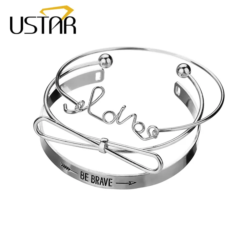 Женский браслет с надписью USTAR LOVE BE BRAVE открытый бант золотого цвета 3