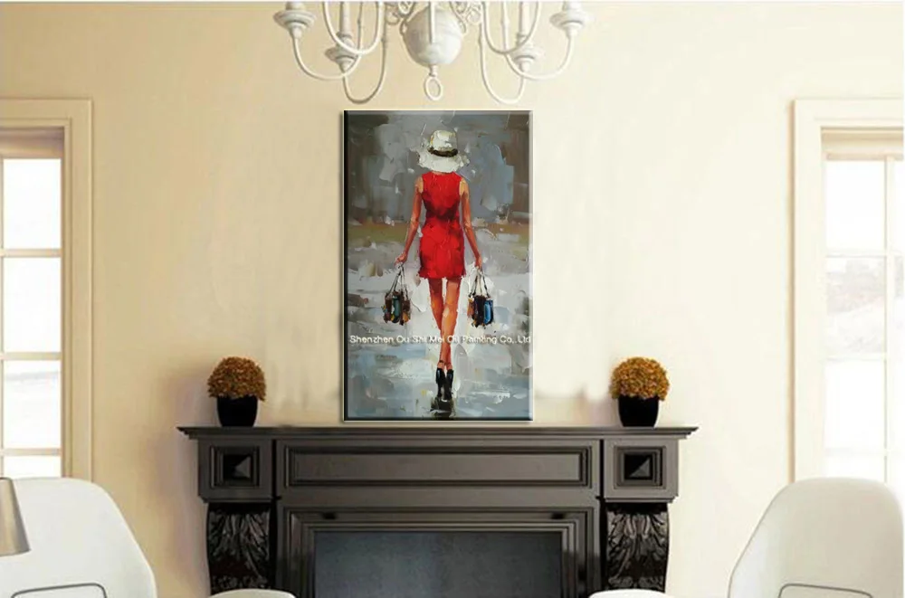 Hand Painted Red Dress Woman's Figure Shopping Oil Paintings Impression Character Painting on Canvas For Living Room Decor Art | Дом и сад