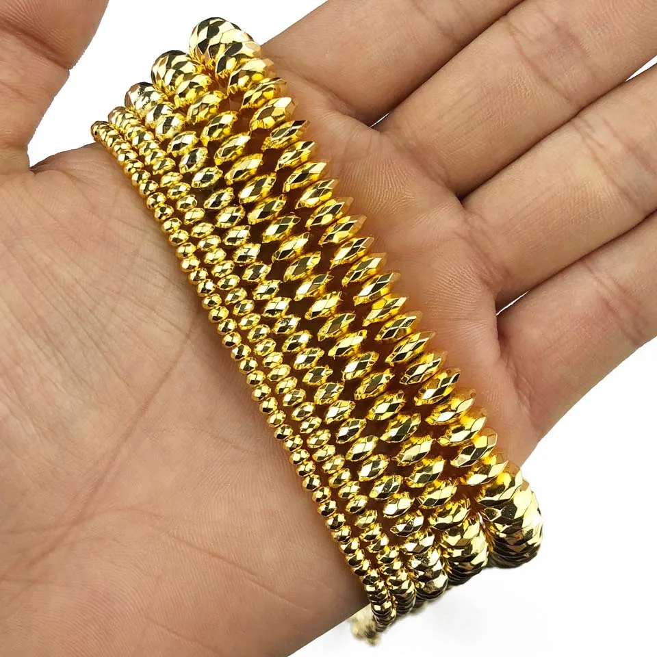 18K Gold JHNBY плоским граненый круглый гематит бусины розовое золото, серебро, 3/4/6/8/10 мм Натуральный камень ювелирные изделия браслеты рукоделие своими руками - Цвет: 18K Gold