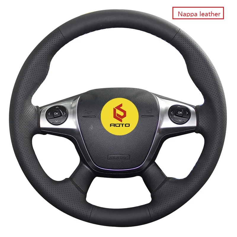 black nappa Оплетка на руль для Ford Focus 3 2012- KUGA Escape 2013- C-MAX 2011- кожаный чехол на руль - Название цвета: black nappa