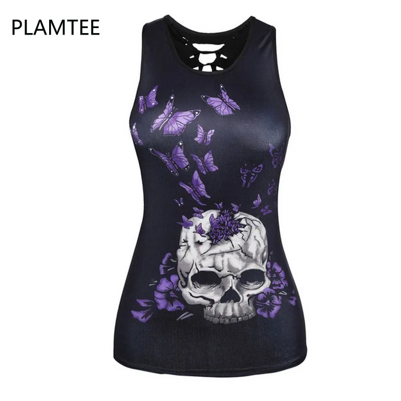 PLAMTEE 2017 Летние Женщины Топы 3D Лето Цветок Череп Головы сексуальные Fenale Майка