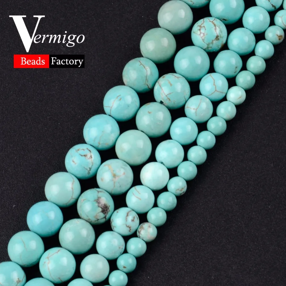 

Free Shipping Natural Gem Stones Smooth Blue Turquoises Round Loose Beads For Jewelry Making Diy Bracelet 15" 4-10mm Pick Size