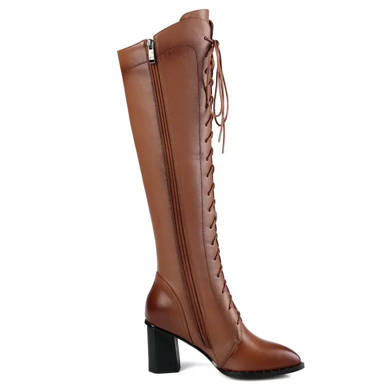 Beli Wanita Asli Kulit Menunjuk Toe Renda Up Square Hak Tinggi Sepatu Bot Setinggi Lutut Fashion Sisi Ritsleting Gaun Musim Dingin Sepatu Bot Hitam Coklat
