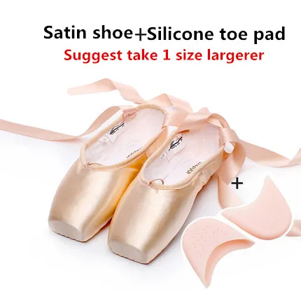 Satin silcone Pointe/атласный верх с лентой; женские розовые профессиональные балетки; обувь для танцев с носком - Цвет: Satin silcone