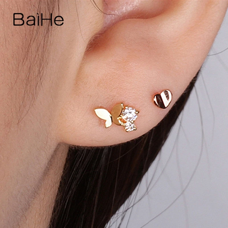 BAIHE Твердые 18K желтое золото 0.09CT H/SI круглые серьги с натуральными бриллиантами