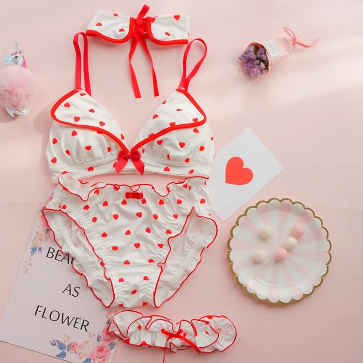 Вечерние милые японские молочные шелковые бюстгальтеры с сердечками и трусики