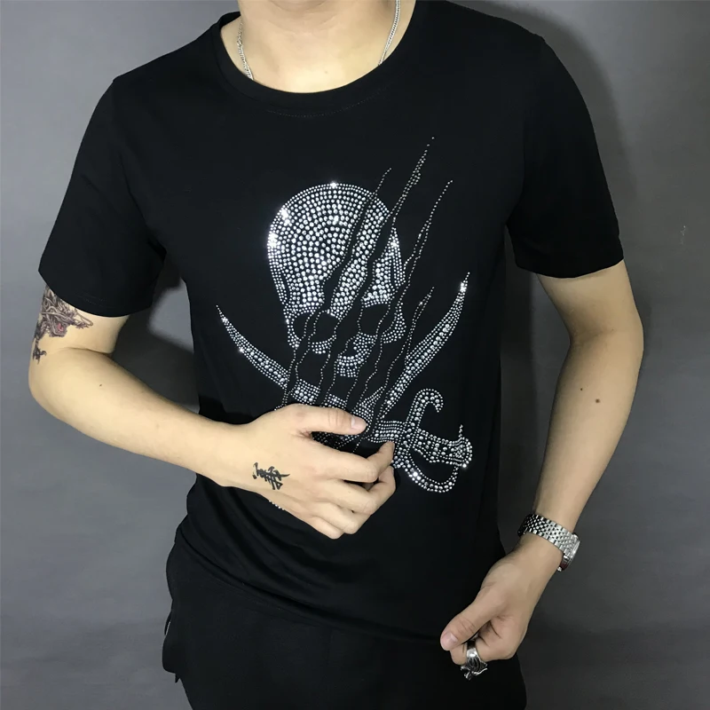 Hot 2021 New Brand Mens Short-sleeved Drilling Skull Top Shirt Mercerized Cotton T-shirt Men And Women Tide Fashion Tops | Мужская