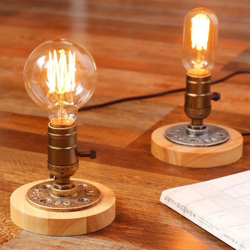 

American Solid Wood Table Lamp Industrial Retro Creative Minimalist Bedroom Bedside Lamp Bar Cafe Study Decorative Led Tafellamp