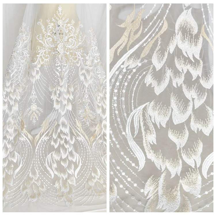 

LASUI 3 yards=1lot Noble feather sequin embroidery mesh lace fabric wedding dress veil handmade diy decoration materials X0458