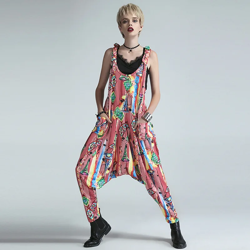 Весна-лето женские комбинезоны с принтом тонкие свободные карманы длина до
