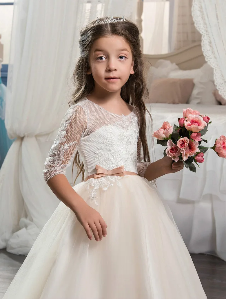 2017 3/4 Рукавом A-Line Детские Платья Зашнуровать Назад Аппликации Святое Причастие