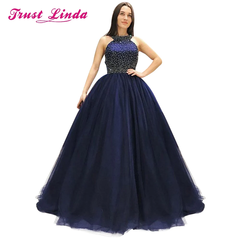 Темно-синее Тюлевое платье с жемчужинами вышитое бисером длинное для выпускного