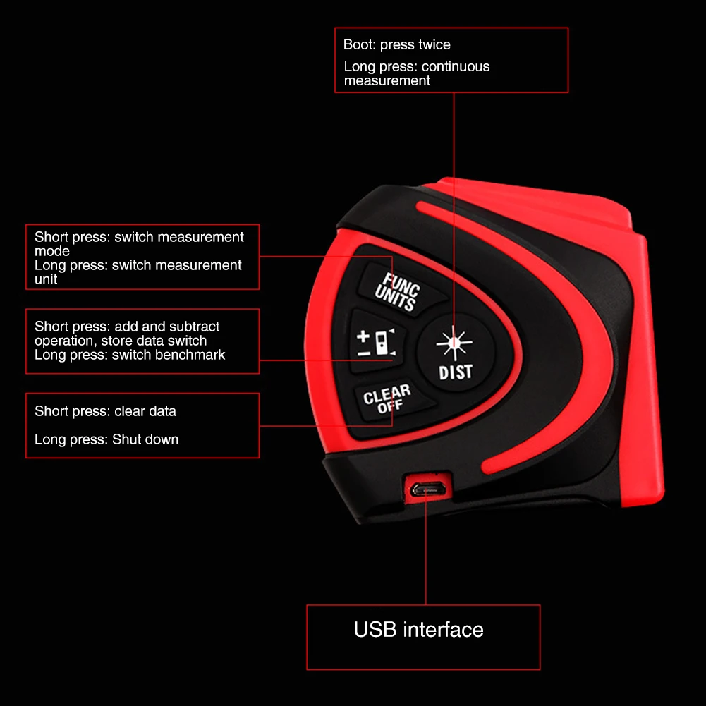 2 In 1 Rechargeable Infrared Built Battery LCD Display Port Distance Meter Measure High Accuracy USB Charging Digital Tape | Инструменты