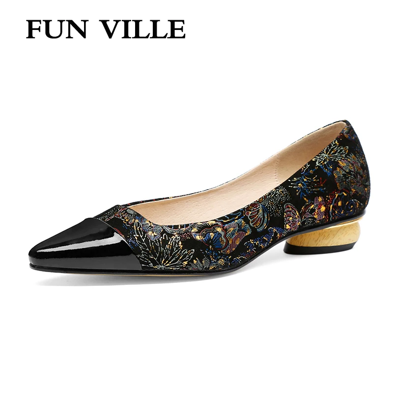 

FUN VILLE Black New Fashion Spring Summer shoes Women Pumps Genuine Leather Low Heels Casual shoes Pointed Toe Sexy Ladies Shoes
