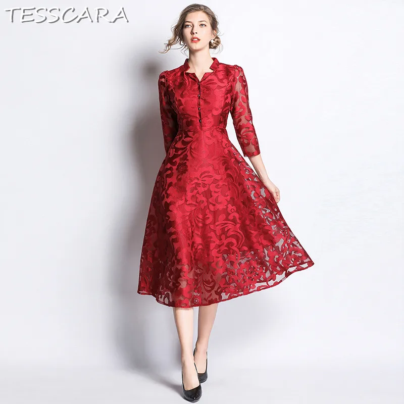 TESSCARA, женское весенне-осеннее элегантное кружевное платье, рубашка для женщин, высокое качество, Винтажный дизайн, красные платья, Длинные офисные вечерние платья - Цвет: Red