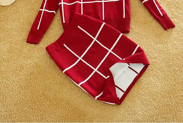 Новые женские большие трикотажный плед Костюмы с круглым вырезом длинным рукавом вязаный кроп топ +