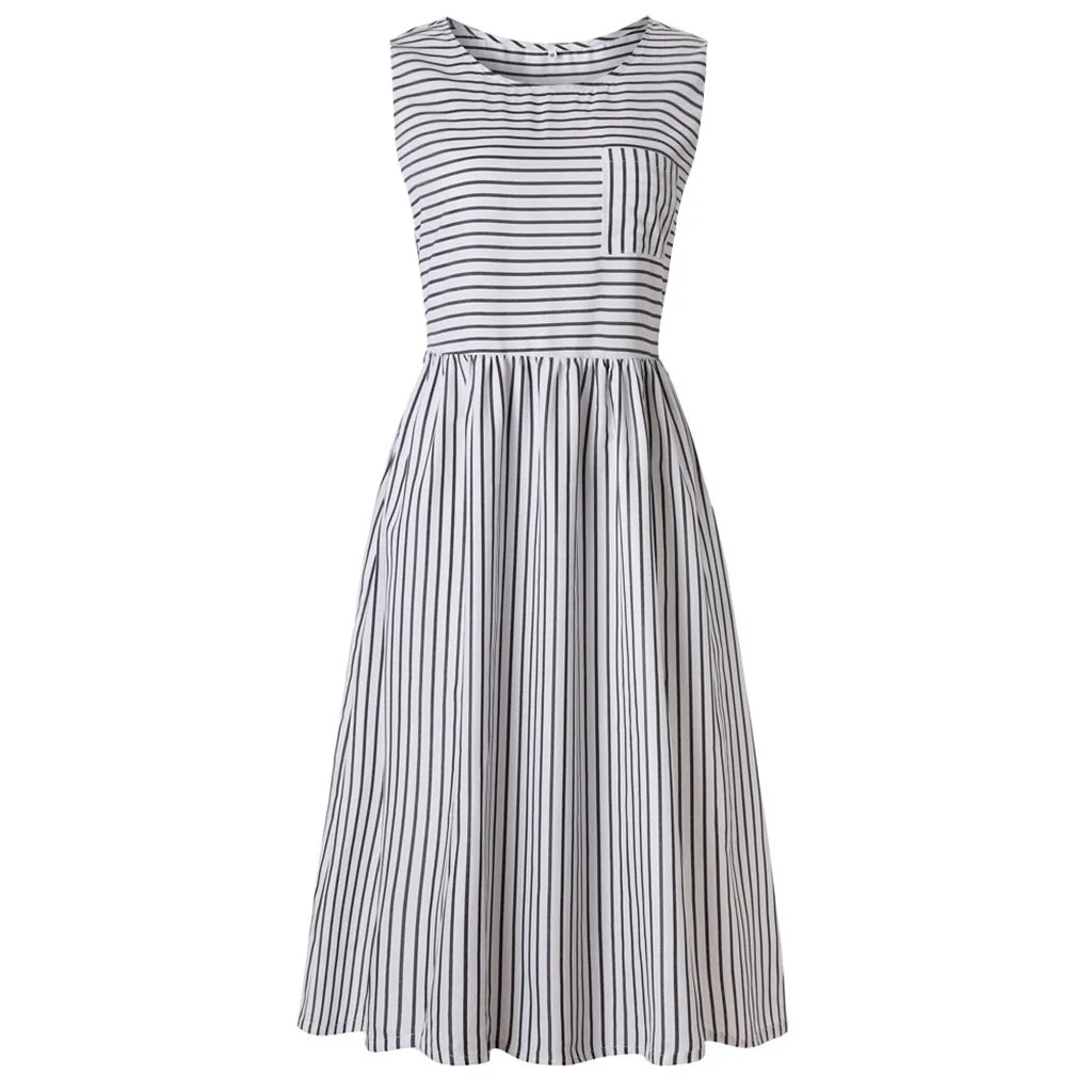 FREE OSTRICH Women Dress Sleeveless Waist Boho Stripe Loose Pockets Casual Cute Refined Noble Trend Summer short | Женская одежда