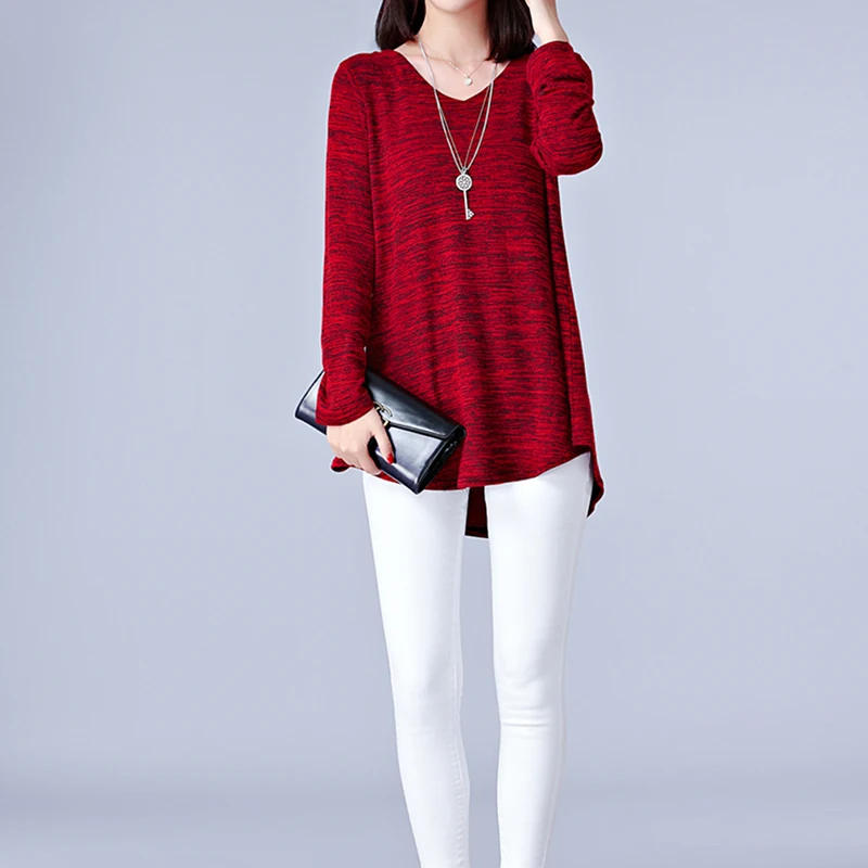 Vintage Women Basic Tee Shirt New 2019 Spring Long Sleeve V-Neck Female Medium Tops Bigsweety |