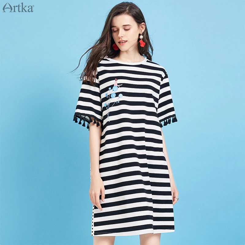 ARTKA, летнее женское платье, повседневное, свободное, в полоску, платье-футболка, модное, с кисточками, дизайн, короткий рукав, платья для женщин, ZA10099X
