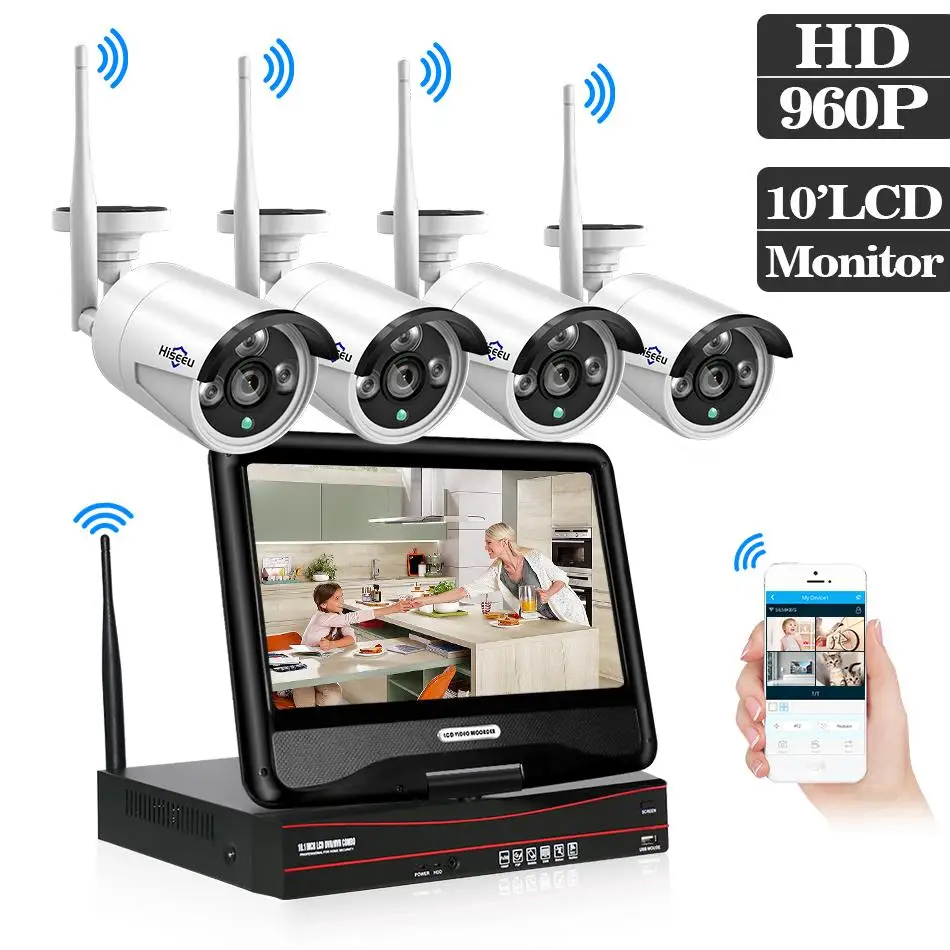 Hiseeu 10 дюймов Displayer 4CH 960 P Беспроводной CCTV Системы NVR IP Камера водонепроницаемый