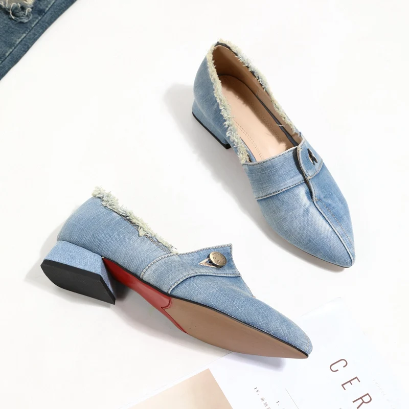 Light blue SIMLOVEYO/джинсовые туфли-лодочки обувь с острым носком женские демисезонные лоферы на низком каблуке 3 см, темно-синие сандалии без застежки размер 39, 40 - Цвет: Light blue