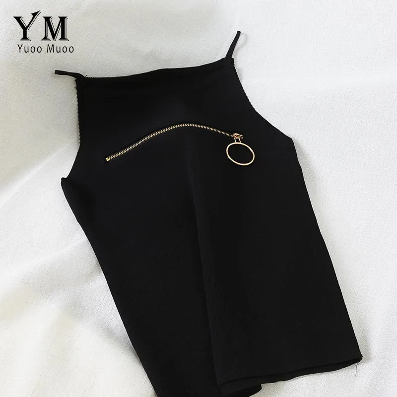 Черный YuooMuoo Korean Style Streetwear Tank Top Women Camis Zipper Design Spaghetti Strap Summer Knitted Vest Top Chic Festival Tops - Цвет: Черный