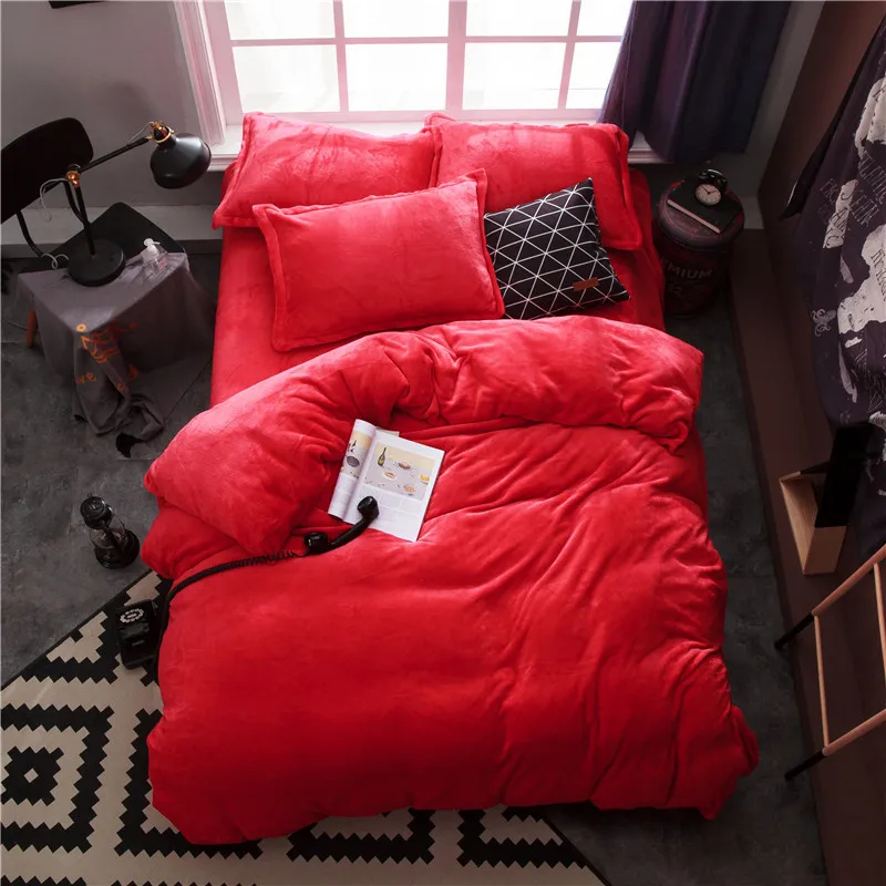 red bed set Зеленый зимний флисовый комплект постельного белья AB сбоку пододеяльник фланелевый флисовый плоский лист 3/4 шт. твердый Домашний Комплект постельного белья caroset постельное белье теплые - Цвет: red bed set