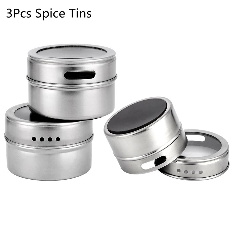 3Pcs Spice Tins 1 Набор с магнитным дном для специй Набор банок с наклейками из нержавеющей стали для специй солевые банки хранилище специй контейнер для перца приправа спреи инструменты - Цвет: 3Pcs Spice Tins