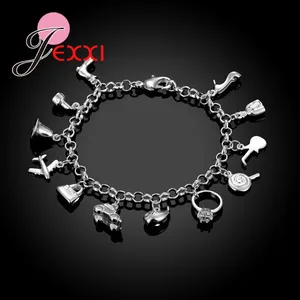 Wholesale Price Real 925 Sterling Silver Women Girls Cute Nice Bag Shoes Shaped Charms Bracelets Trendy Jewelry