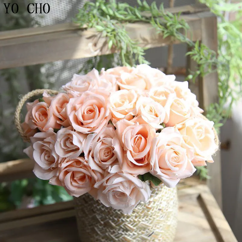 

YO CHO Rose Bouquet Artificial Flowers White Yellow Peony Pink Red Rose Decor for Home Wedding Silk Peonies Fake Flower Bouquet