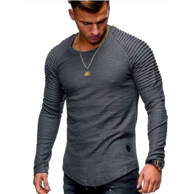 2022 Solid Color Sleeve Pleated Patch Detail Long Sleeve T-Shirt Men Spring Casual Tops Pullovers Fashion Slim Basic Tops