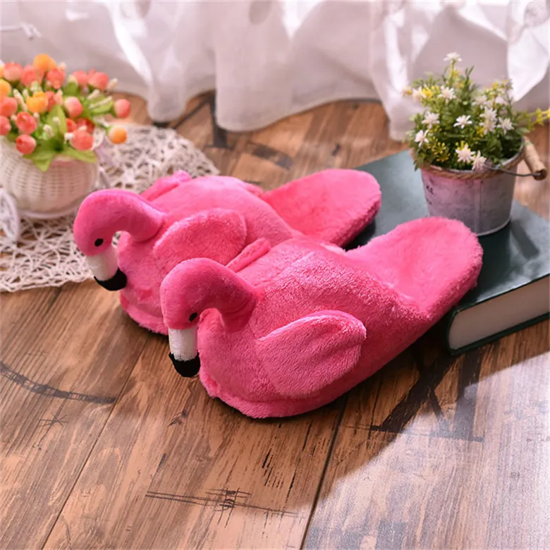 slippers-rose red LIN KING/Милая домашняя обувь с рисунком Фламинго; женские и мужские теплые зимние домашние тапочки с животными; домашние тапочки унисекс для влюбленных; хлопковая обувь - Цвет: slippers-rose red
