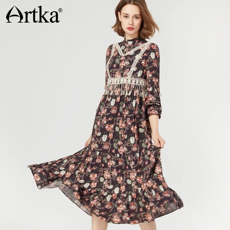 ARTKA 2018 осень и зима винтажное кружевное цветочное Каскадное платье с оборками
