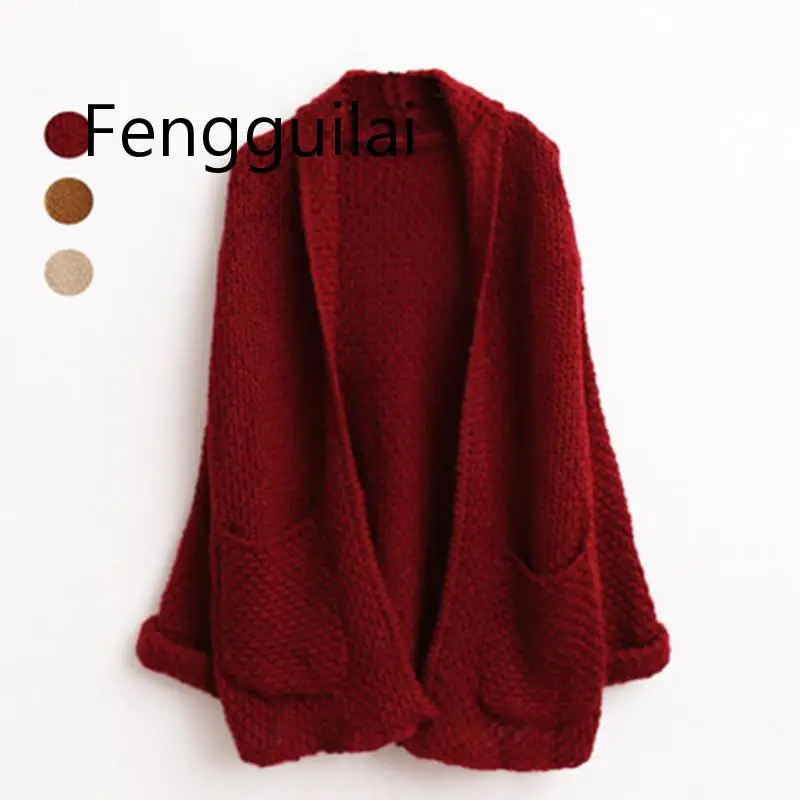 

New Autumn/Winter Long Loose Knit Cardigan Women Roll Sleeves with Pocket 2019 Beige Wine Red Coffee Sweater Lazy Style